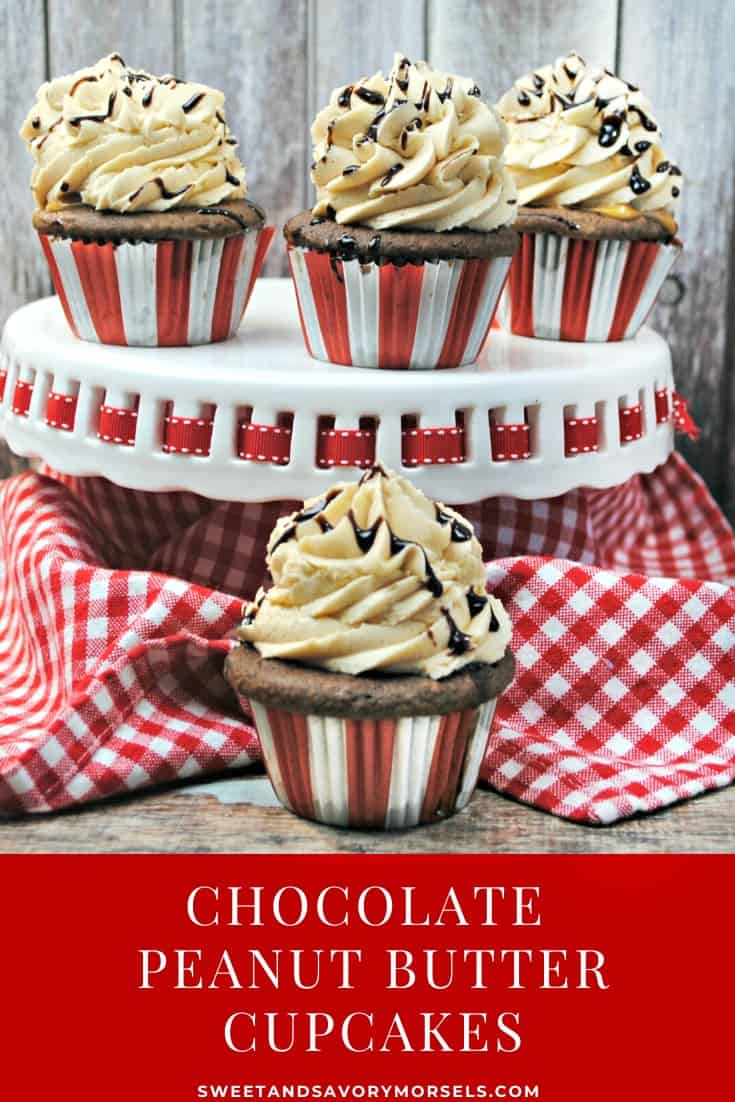 Rich, dark, and incredibly moist chocolate cupcakes are filled with peanut butter then topped with a chocolate-drizzled peanut butter buttercream frosting in this homemade Chocolate Peanut Butter Cupcakes recipe. 