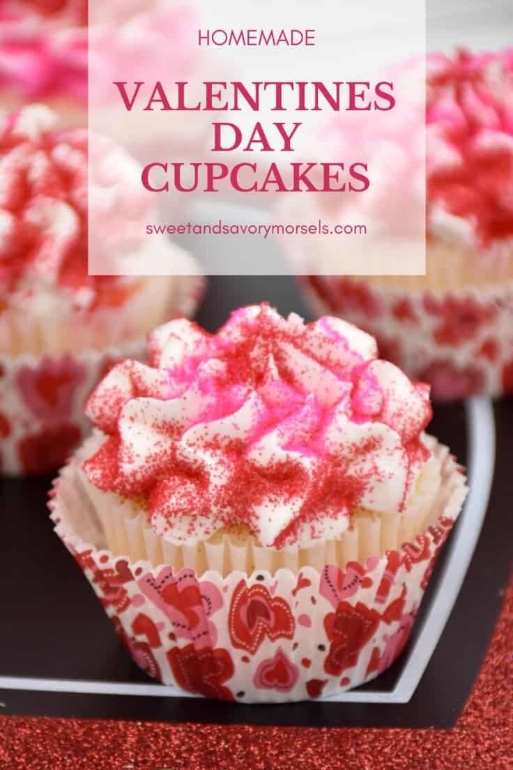 Rich vanilla cupcakes topped with a delicate homemade vanilla buttercream frosting and colorful sprinkles, these delicious Valentine's Cupcakes are filled with flavor and so easy to make. They're the perfect treat for the sweetest day of the year!