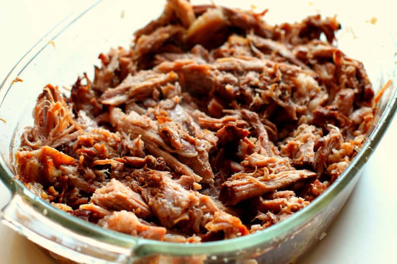 Crock-Pot Texas-Style Pulled Pork in a glass pan