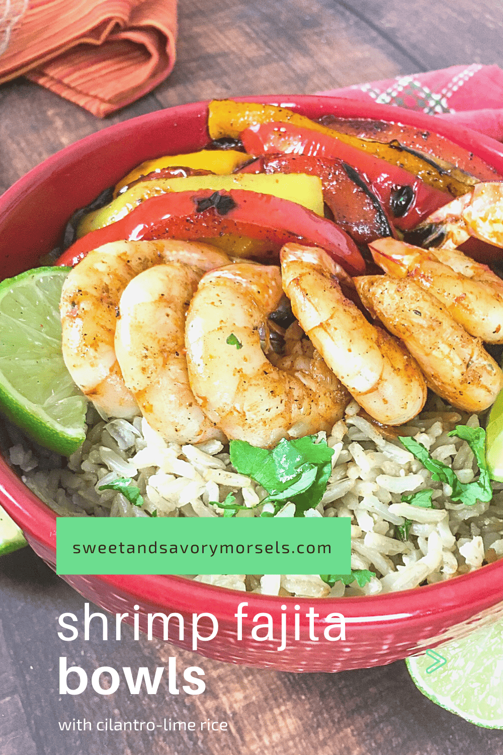 Tender shrimp and fresh vegetables are seasoned with a tasty blend of chili powder, cumin, and garlic then served over a bowl of cilantro-lime rice in this quick and easy Shrimp Fajita Bowls recipe. #sweetandsavorymorsels #recipes