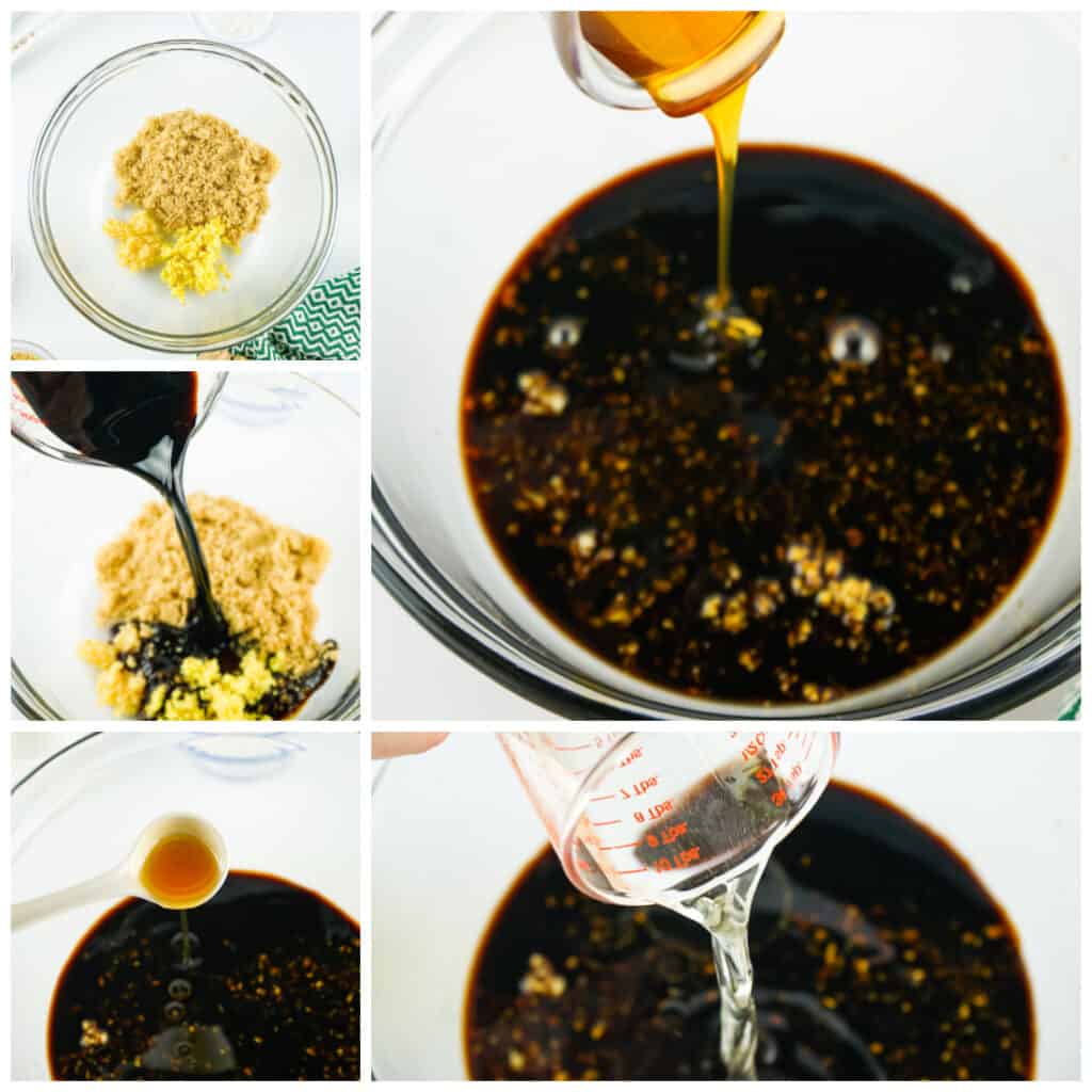 A collage of images showing the process of making Homemade Teriyaki Sauce, with ingredients such as brown sugar and soy sauce being poured into a bowl.