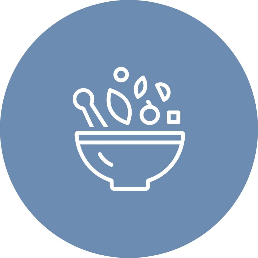 Icon of a bowl containing food ingredients like grains and vegetables, with a spoon, depicted within a blue circle, symbolizing Easy Homemade Teriyaki Sauce.