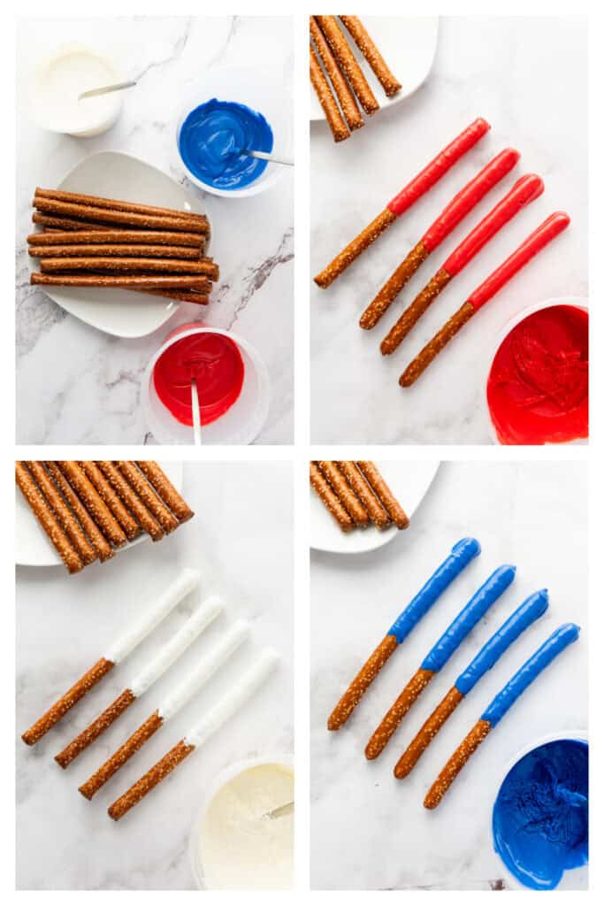 Four panels showcase Firecracker Pretzel Rods being dipped in red, white, and blue melted candy. First panel: plain pretzels. Second: candy-coated pretzel rods in red. Third: dipped in white. Fourth: finished with blue. A delightful visual of these festive treats!