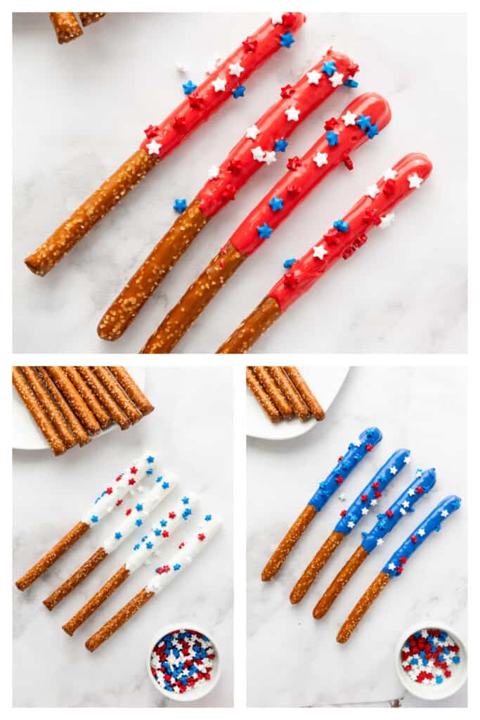 Three images showcasing Firecracker Pretzel Rods dipped in red, white, and blue icing and decorated with star-shaped sprinkles on a white surface—perfect Fourth of July snacks!