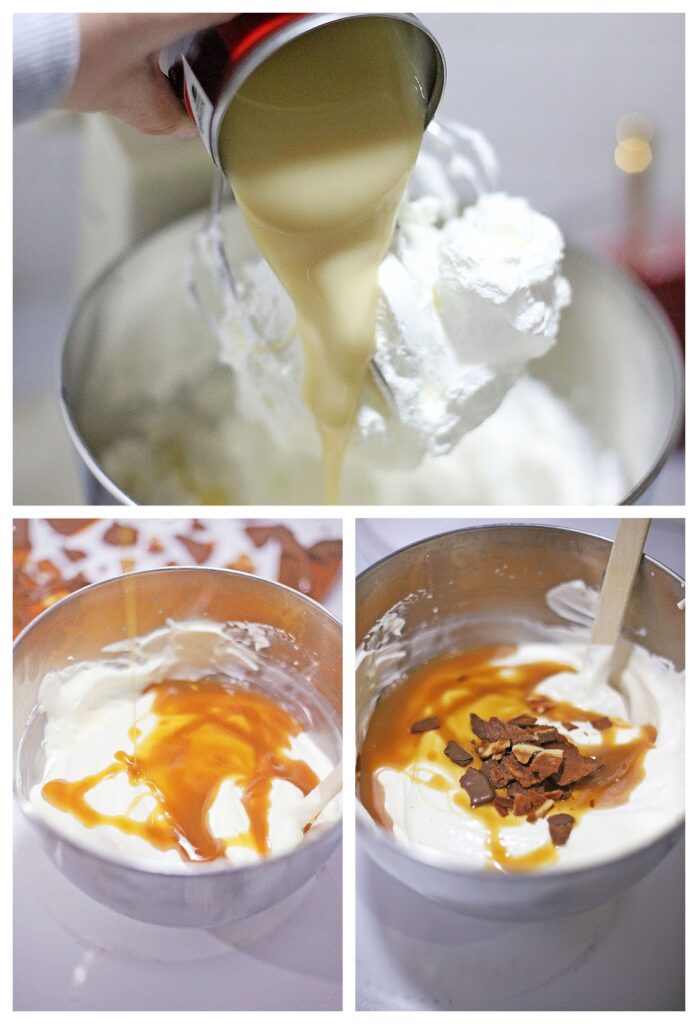 Collage illustrating No Churn Americone Dream Ice Cream being crafted: sweetened condensed milk cascading into cream, caramel swirling in elegantly, and almonds sprinkled on top in separate bowls. A delightful nod to Ben & Jerry’s Copycat No Churn Homemade Americone Dream.