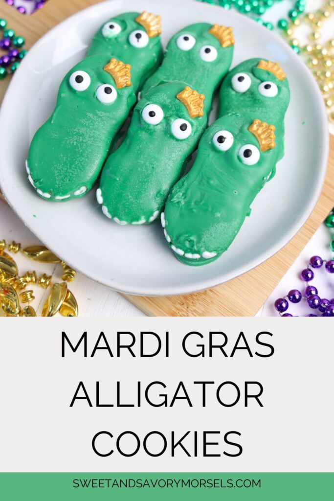 Mardi Gras Alligator Cookies, whimsically green and googly-eyed, sit enticingly on a white plate surrounded by colorful beads.