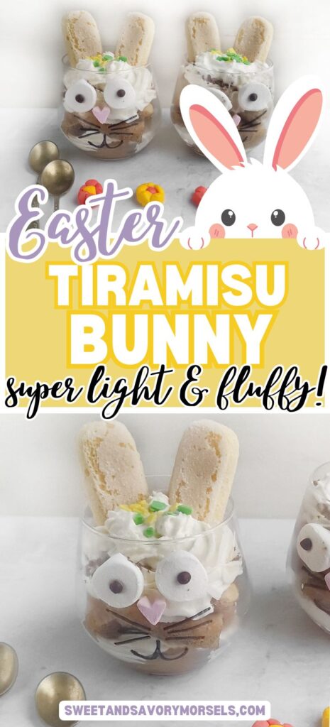 Tiramisu Easter Bunny – A Fun Twist on the Classic Italian Dessert 1 Three glasses of tiramisu adorned with cute bunny faces, featuring candy eyes, wafer ears, and marshmallow cheeks. A text overlay reads, "Tiramisu Easter Bunny—super light & fluffy!.