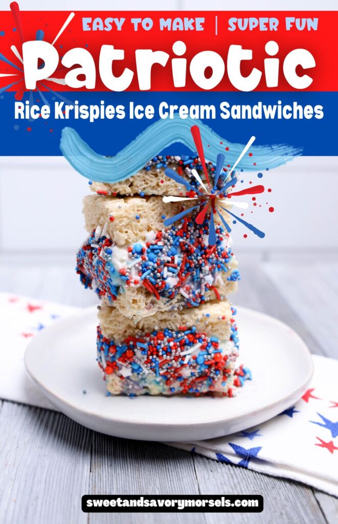 July 4th Rice Krispies Ice Cream Sandwiches 1 A stack of No-Bake Patriotic Rice Krispies Ice Cream Sandwiches decorated with red, white, and blue sprinkles on a white plate, with festive patriotic decor in the background.