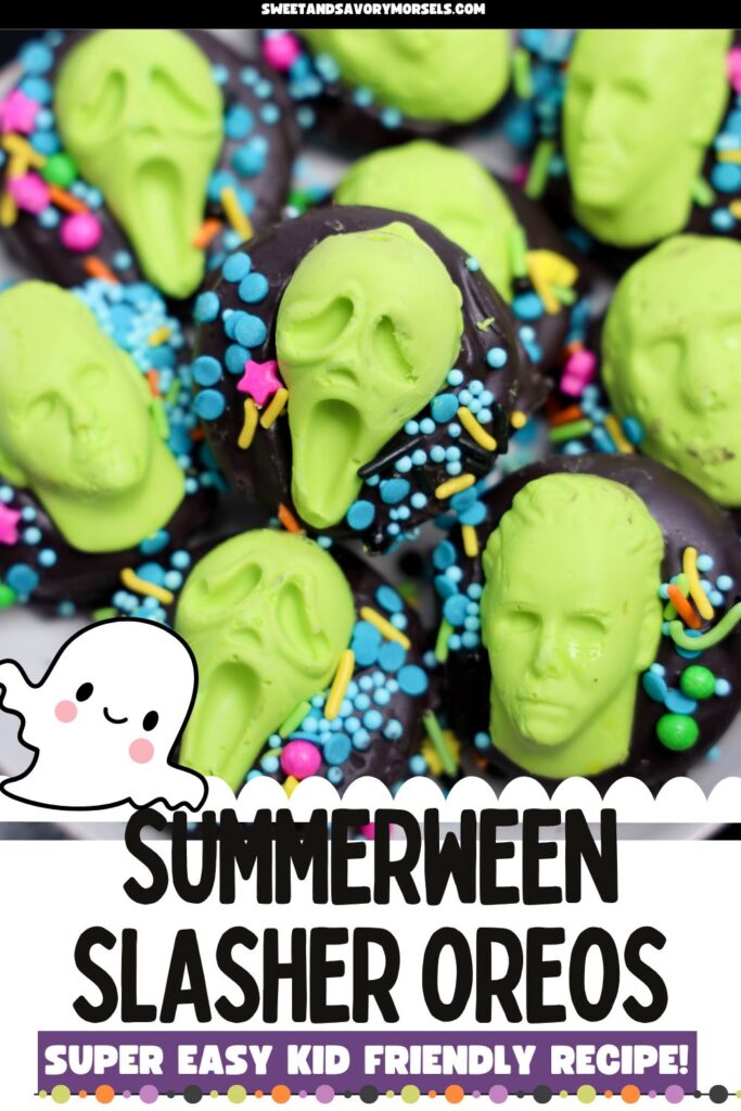 Summerween Slasher Oreos 1 Decorated Summerween Slasher Oreos topped with green horror movie slasher faces and colorful sprinkles, arranged closely together. Text at the bottom reads, “Summerween Slasher Oreos.”.