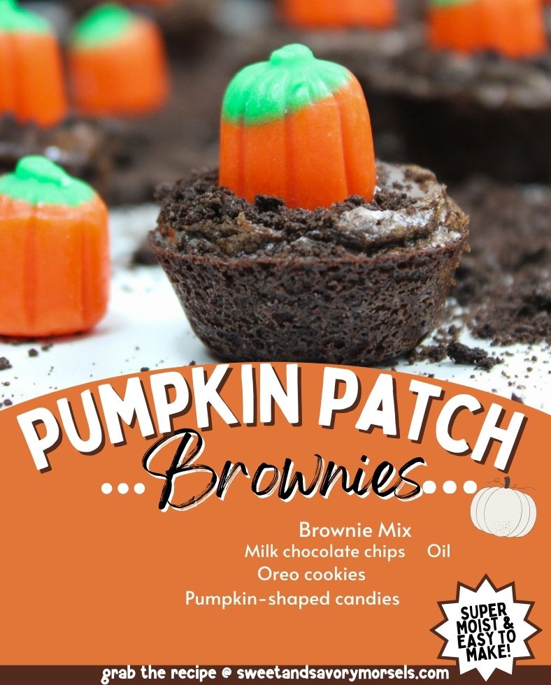 Easy Pumpkin Patch Brownies Recipe - Mini Halloween Treats (OMG So Cute!) 13 Close-up of pumpkin patch brownies topped with pumpkin-shaped candies, nestled in Oreo cookie crumbs. Mini Halloween brownies recipe ingredients and website details appear at the bottom.