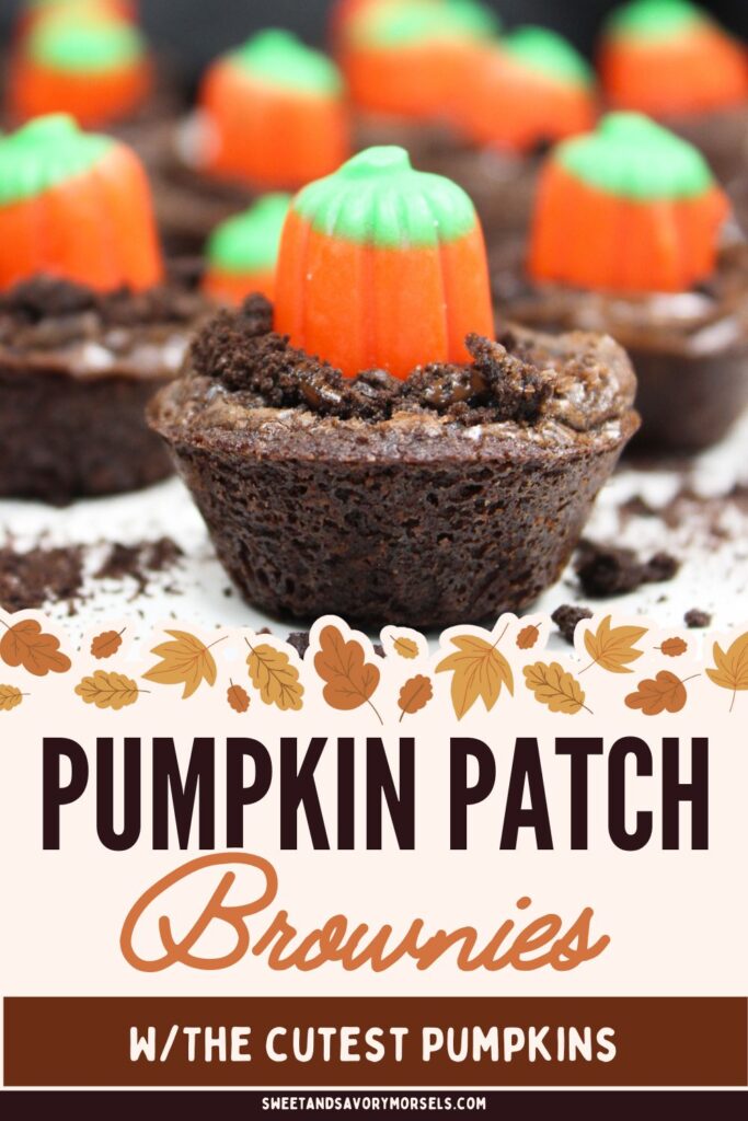 Easy Pumpkin Patch Brownies Recipe - Mini Halloween Treats (OMG So Cute!) 1 Close-up of mini Halloween brownies topped with chocolate crumbs and a pumpkin-shaped candy, with similar treats blurred in the background. Text reads "Pumpkin Patch Brownies w/the cutest pumpkins.
