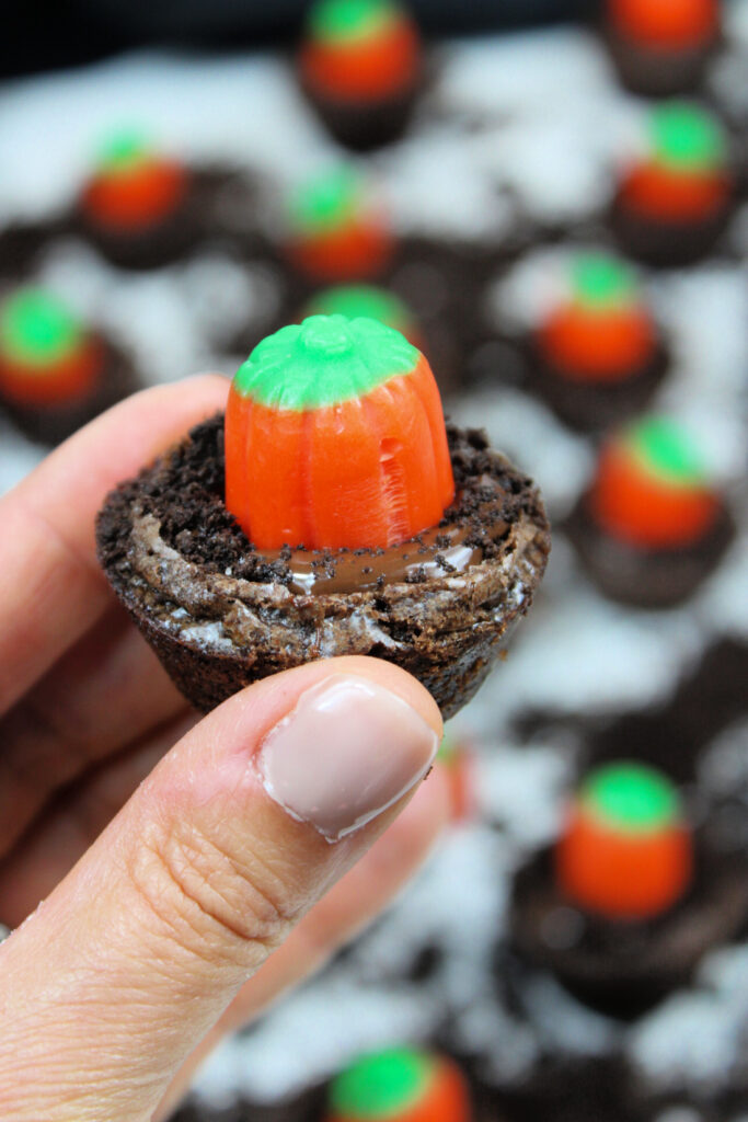 Easy Pumpkin Patch Brownies Recipe - Mini Halloween Treats (OMG So Cute!) 11 A hand holds a chocolate dessert topped with crushed cookies and a candy pumpkin, reminiscent of mini Halloween brownies. More pumpkin patch brownies are blurred in the background.