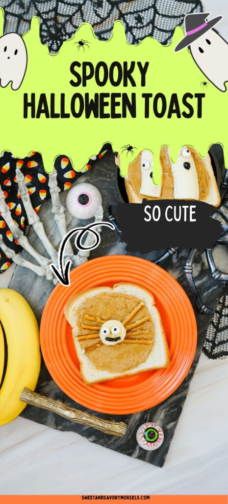 A slice of Halloween Toast with peanut butter decorated to look like a spider sits on an orange plate, surrounded by festive Halloween-themed props and decorations.